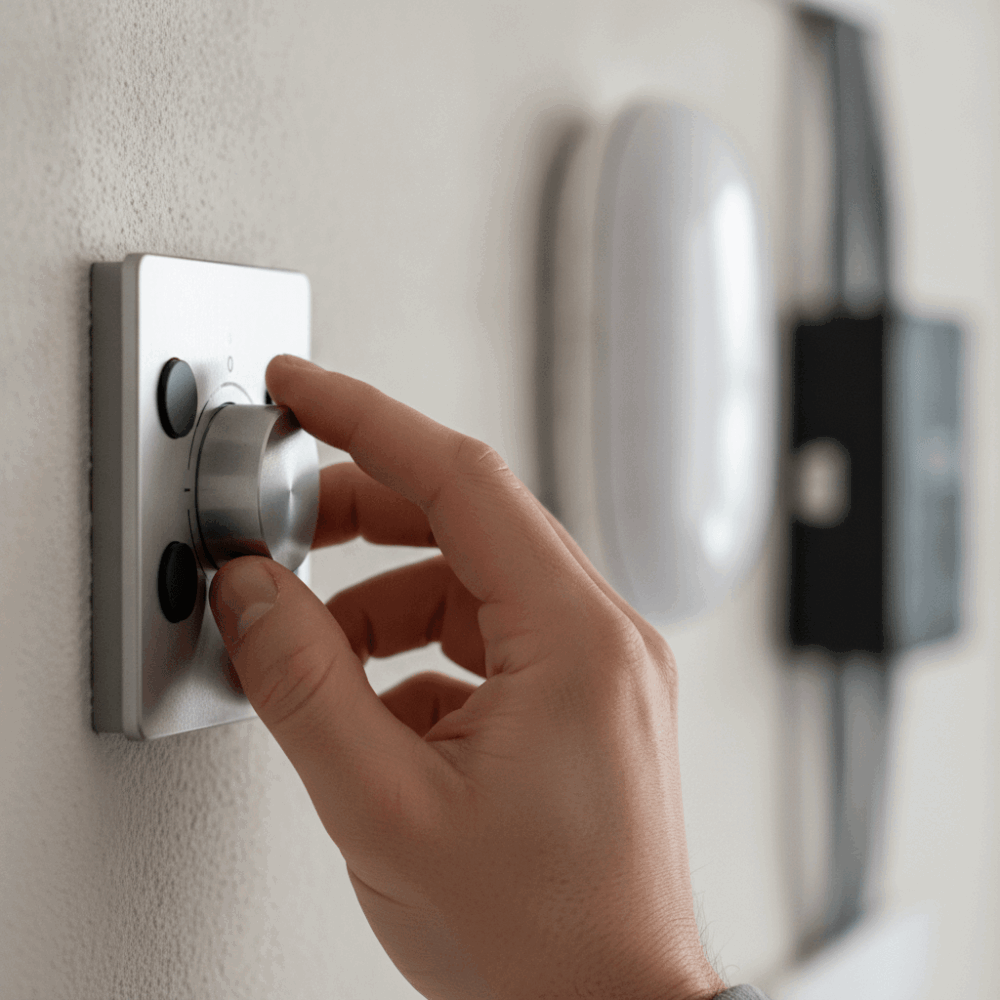Main réglant un thermostat connecté relié à un système de gestion technique du bâtiment