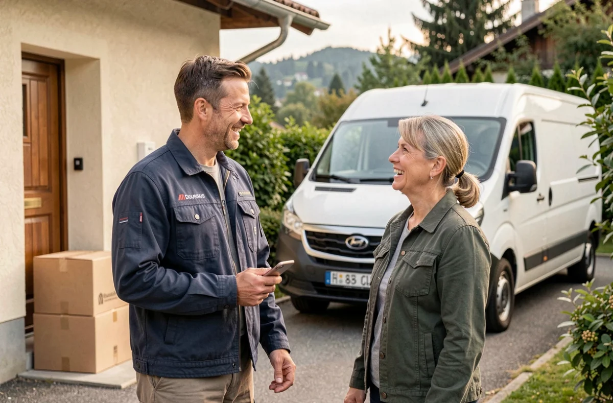 Déménageur AC Fiolet échangeant avec une cliente devant une maison pavillonnaire dans le Doubs