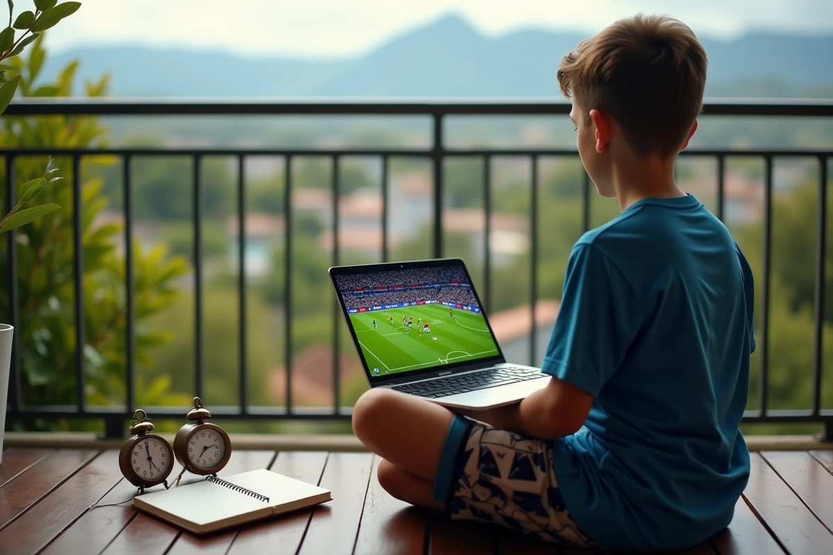 Adolescent regardant un match de football sur son ordinateur à Réunion