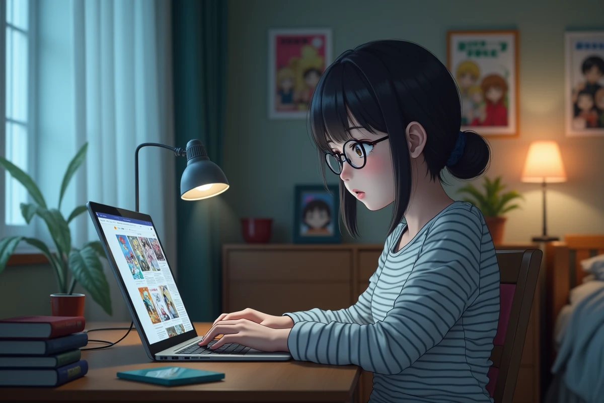 Adolescente parcourant un site de scans manga en français sur son ordinateur portable dans sa chambre