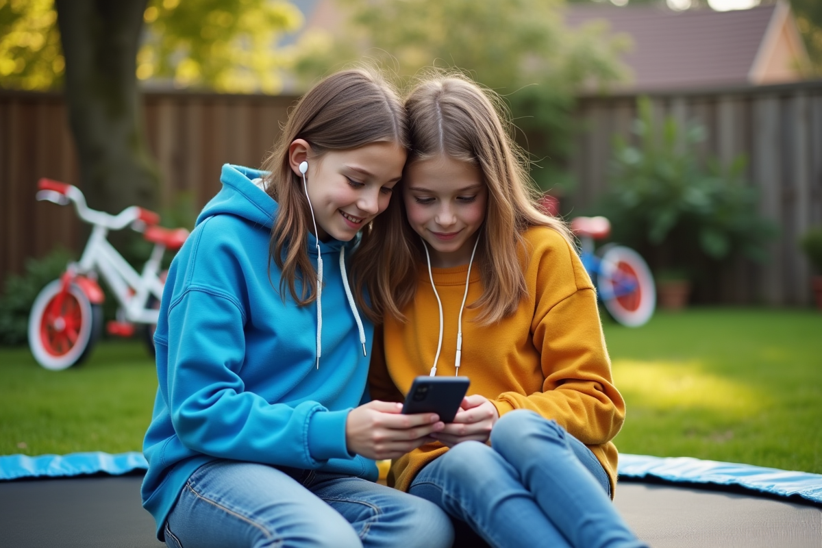 Deux adolescentes assises sur un trampoline dans le jardin
