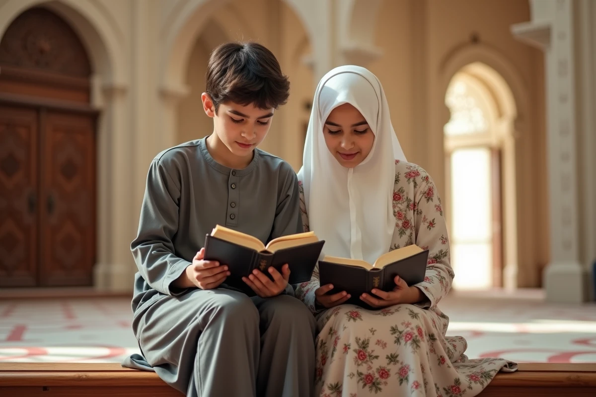 Deux adolescents musulmans étudiant ensemble la sourate Al-Kursi à l'intérieur d'une salle de cours dans une mosquée