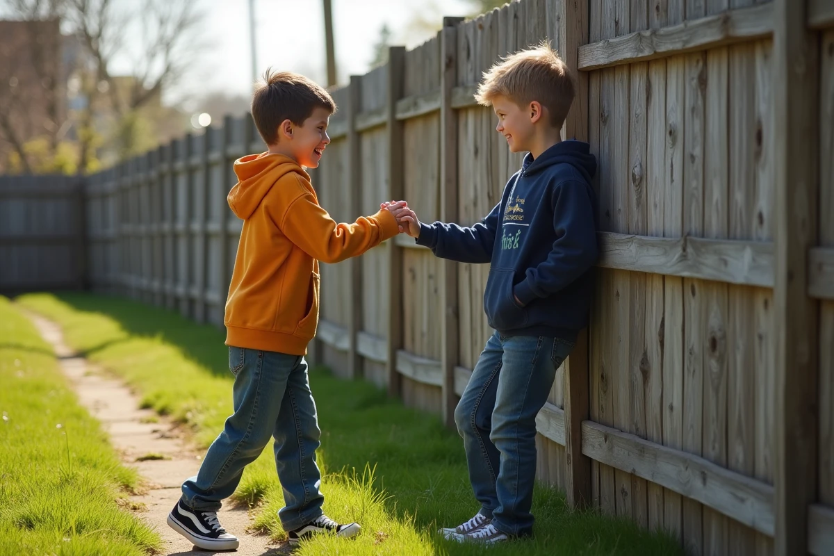 Deux adolescents jouent dans un jardin ensoleille