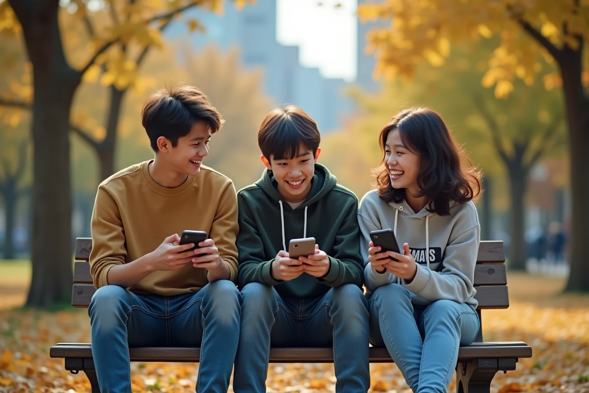 Trois adolescents discutant manga sur un banc dans un parc urbain