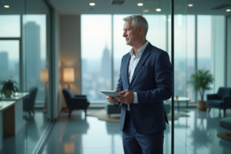 Agent immobilier professionnel avec tablette dans un bureau moderne