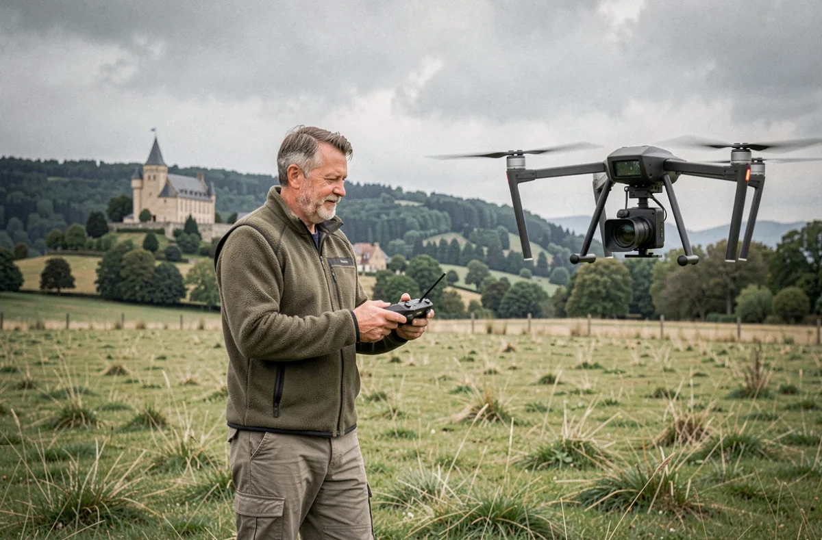 Air Val opérateur de drone professionnel pilotant une caméra aérienne dans la campagne de Bourgogne-Franche-Comté