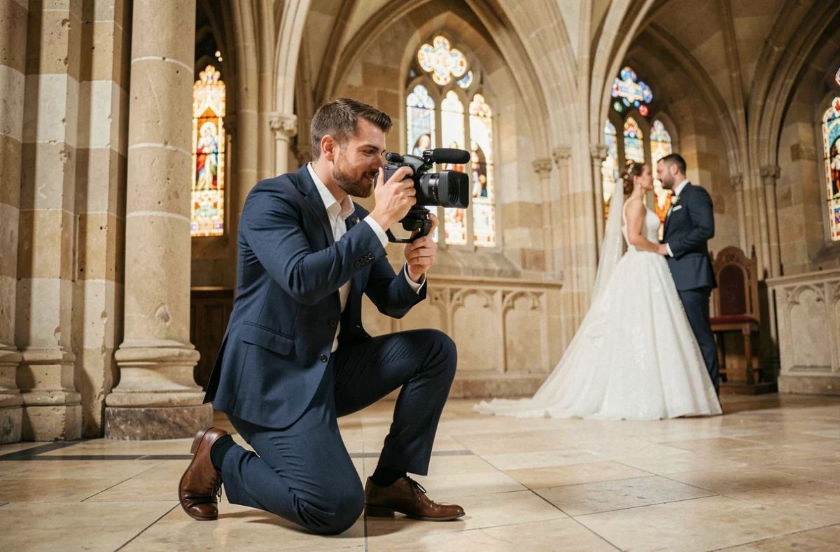 Vidéaste Alexandre Petrella filmant un mariage dans une église gothique à Dijon avec une caméra sur gimbal