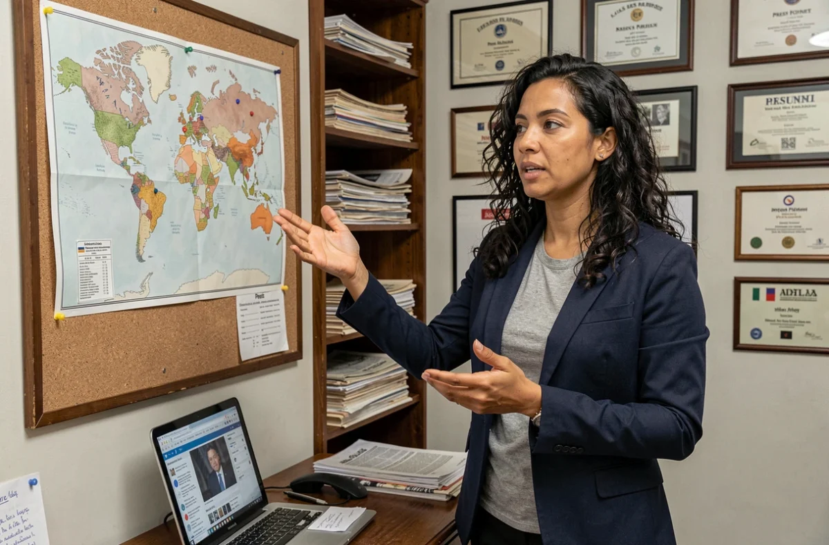 Journaliste multiculturelle devant une carte du monde dans un bureau de presse, symbolisant l'influence des origines sur la vision journalistique d'Amandine Atalaya