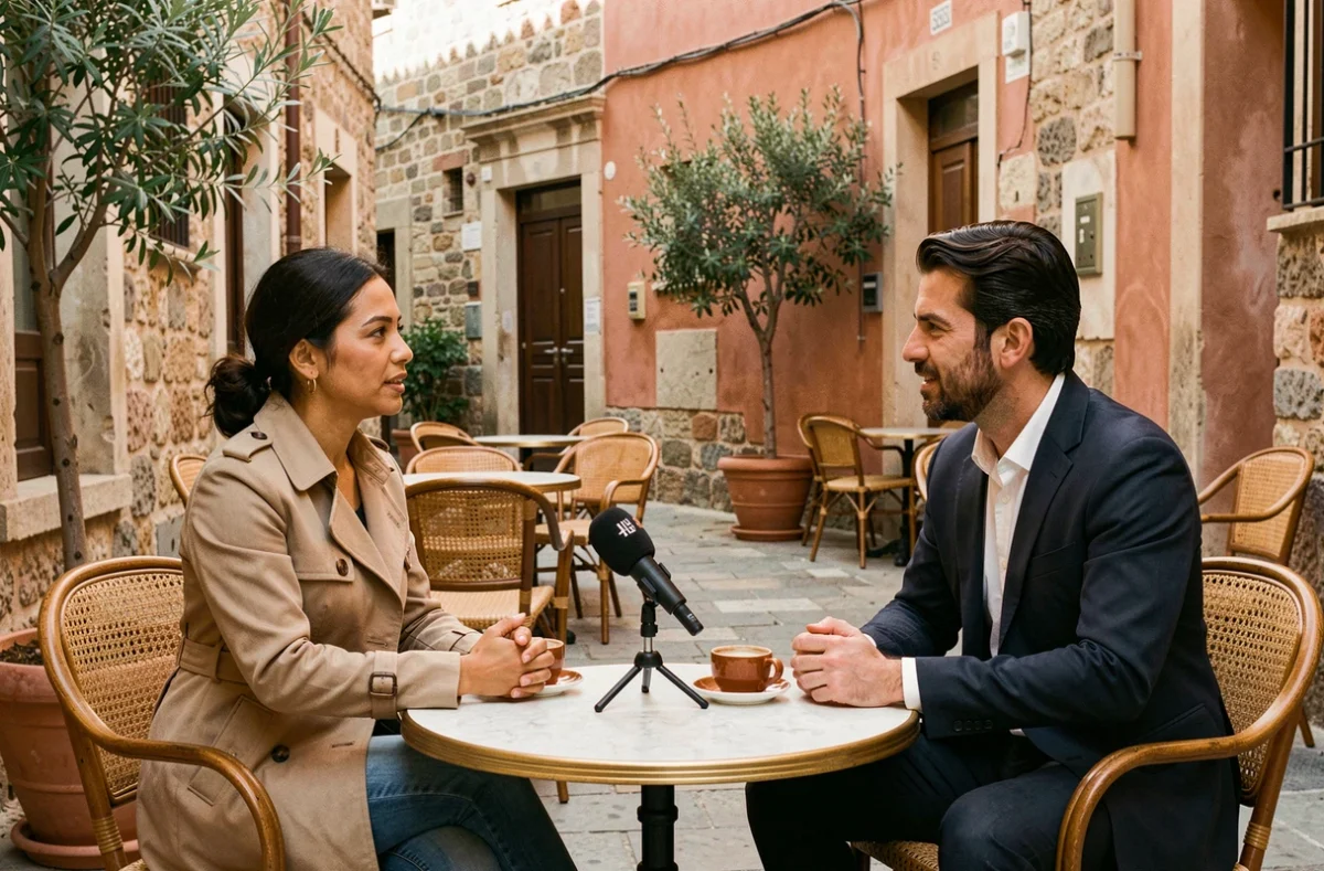 Journaliste réalisant une interview en terrasse de café dans une ville méditerranéenne, évoquant les racines culturelles et le terrain journalistique d'Amandine Atalaya