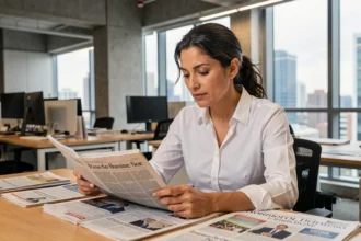 Journaliste franco-algérienne travaillant dans une rédaction moderne, entourée de journaux internationaux, illustrant le parcours multiculturel d'Amandine Atalaya