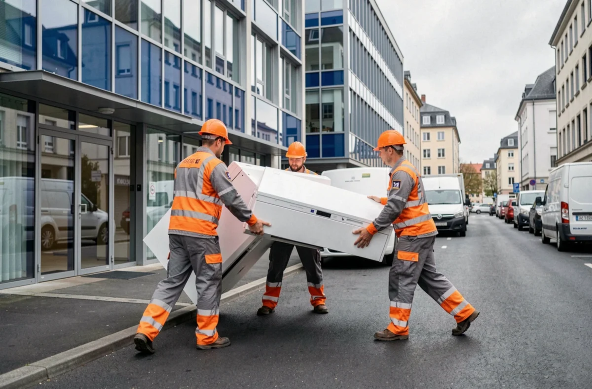 Équipe AMC réalisant un déménagement professionnel dans un quartier d'affaires du département 25