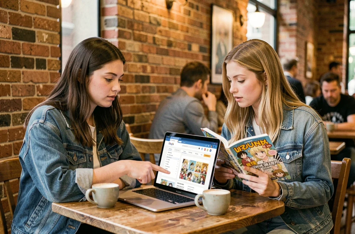 Deux amies comparant des sites de scan yaoi gratuits et payants sur ordinateur portable dans un café, discutant des meilleures options de lecture manga