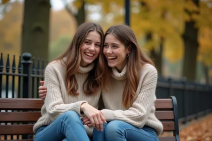 Deux femmes rient sur un banc en automne