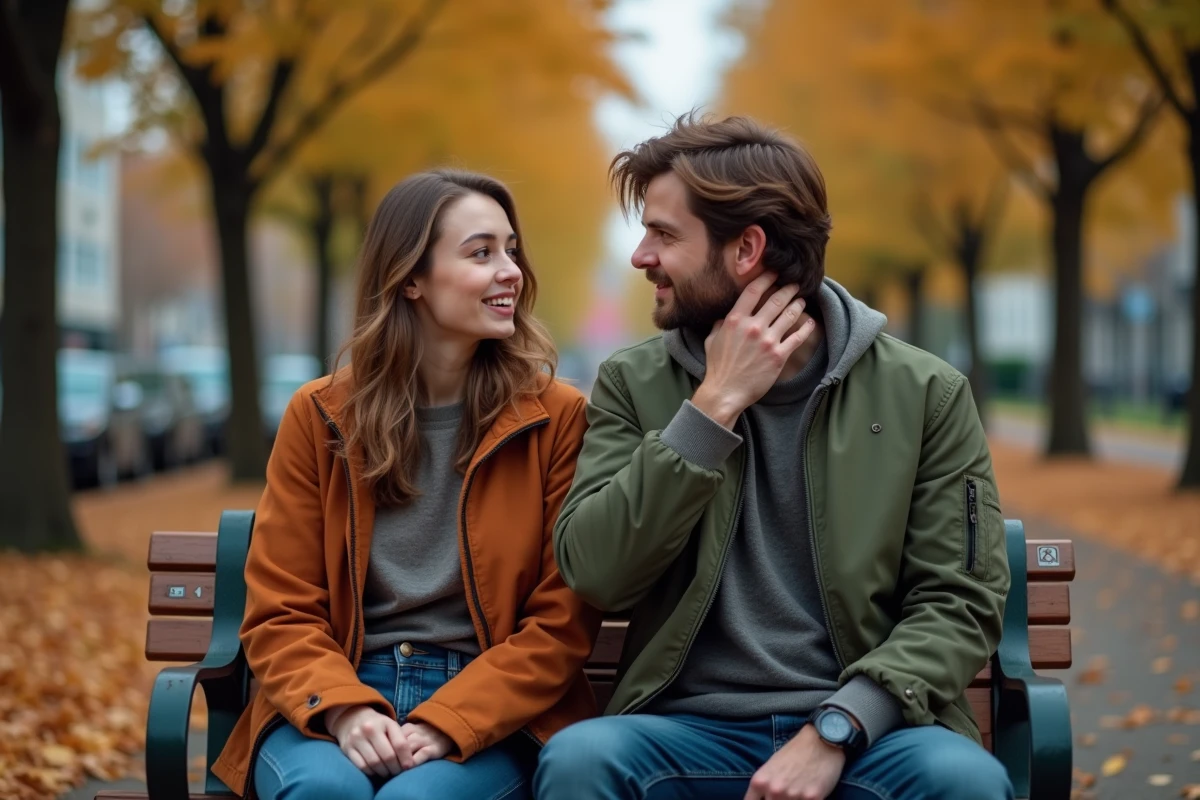 Deux amis assis sur un banc de parc en automne, gestes de malaise et d'incertitude, illustrant les erreurs d'interprétation des signes d'intérêt