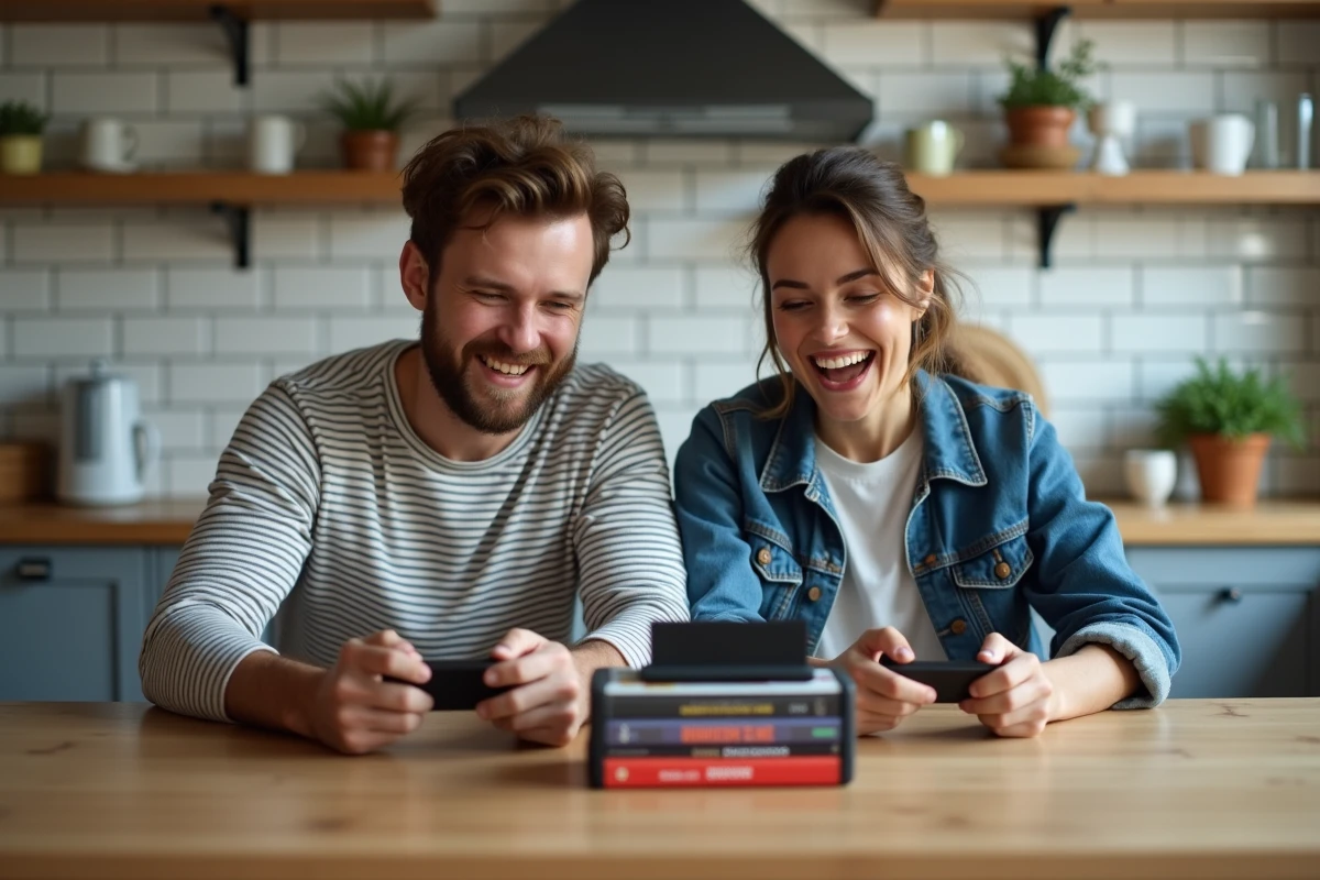 Deux amis jouant ensemble à une console rétro moderne autour d'une table de cuisine dans une ambiance décontractée
