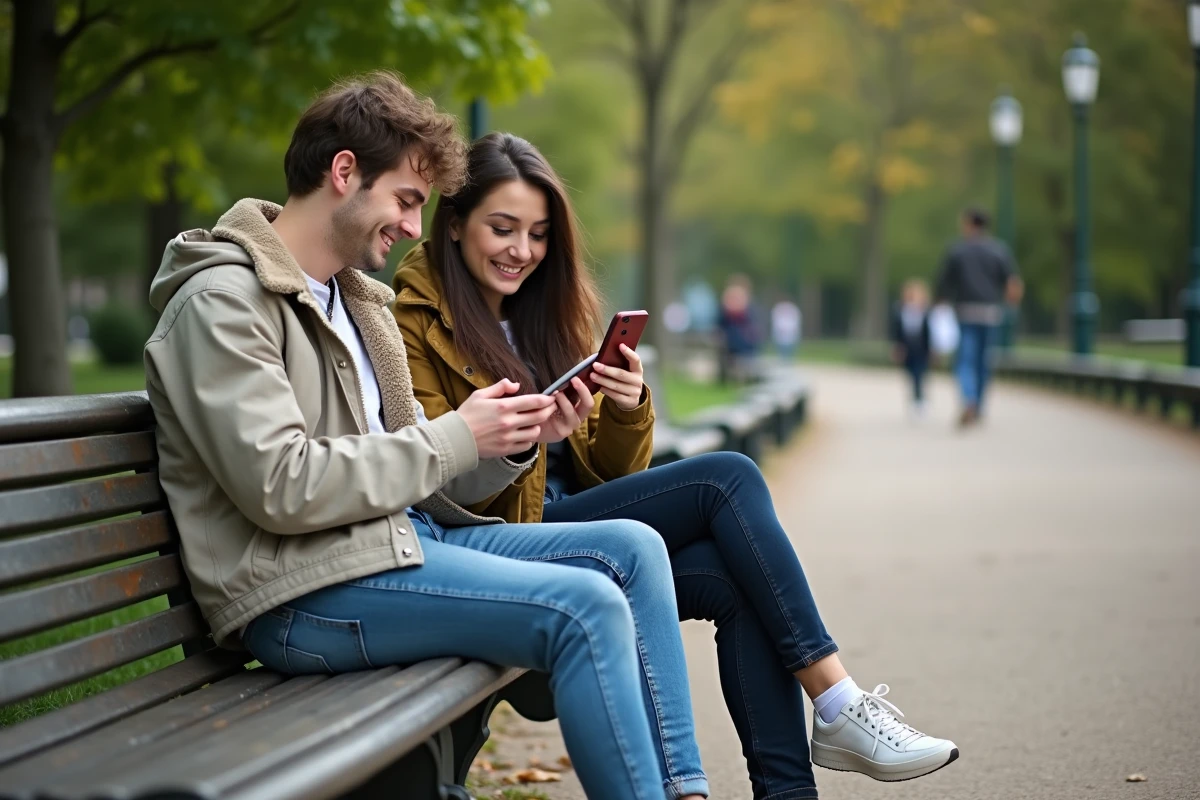 Deux amis souriant en lisant un webtoon sur smartphone assis sur un banc dans un parc urbain