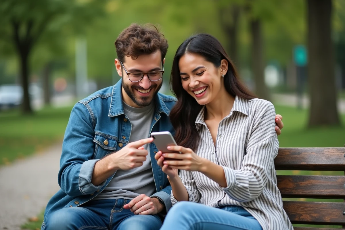 Deux amis partageant des liens de dés gratuits Monopoly GO sur un banc de parc en plein air