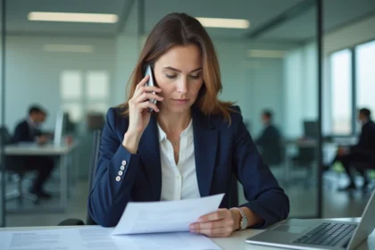 Femme professionnelle en blazer marine passant un appel téléphonique vers l'indicatif 49 depuis son bureau en open space