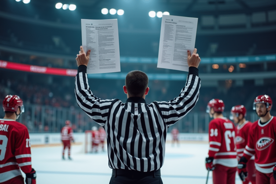 Arbitre de hockey moderne brandissant le livre de règles sur la glace