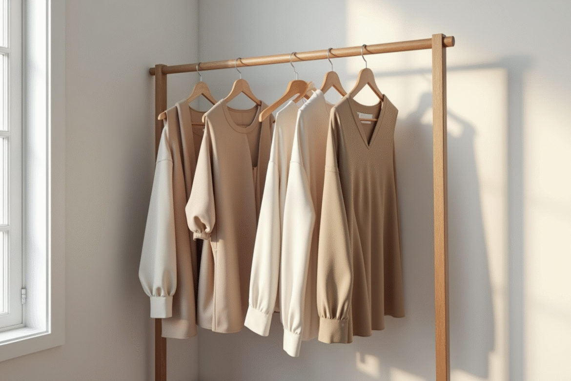 Armoire minimaliste avec vêtements neutres et naturels