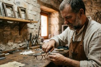 Artisan lunetier breton travaillant des montures en acétate vintage dans un atelier aux murs en pierre