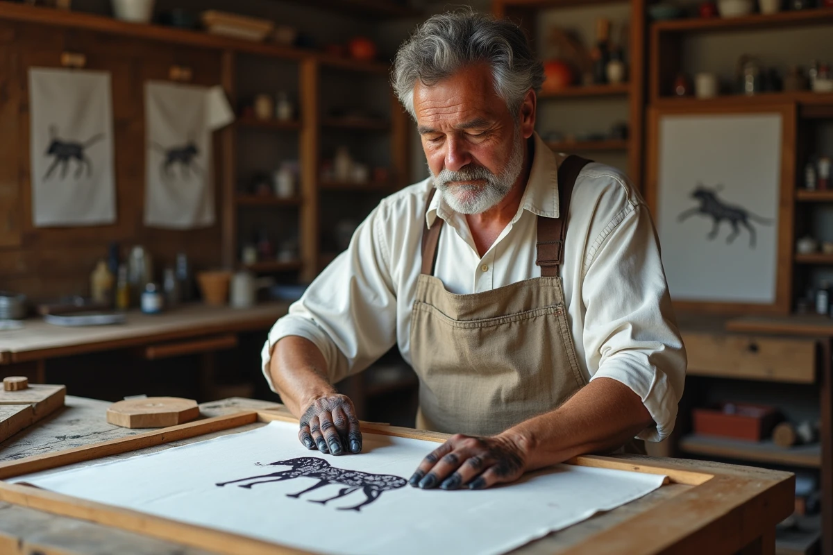 Artisan breton sérigraphiant le motif hermine sur tissu dans un atelier traditionnel