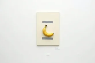 Banane scotchée sur un mur blanc dans une galerie d'art contemporain minimaliste, œuvre provocatrice de street art conceptuel