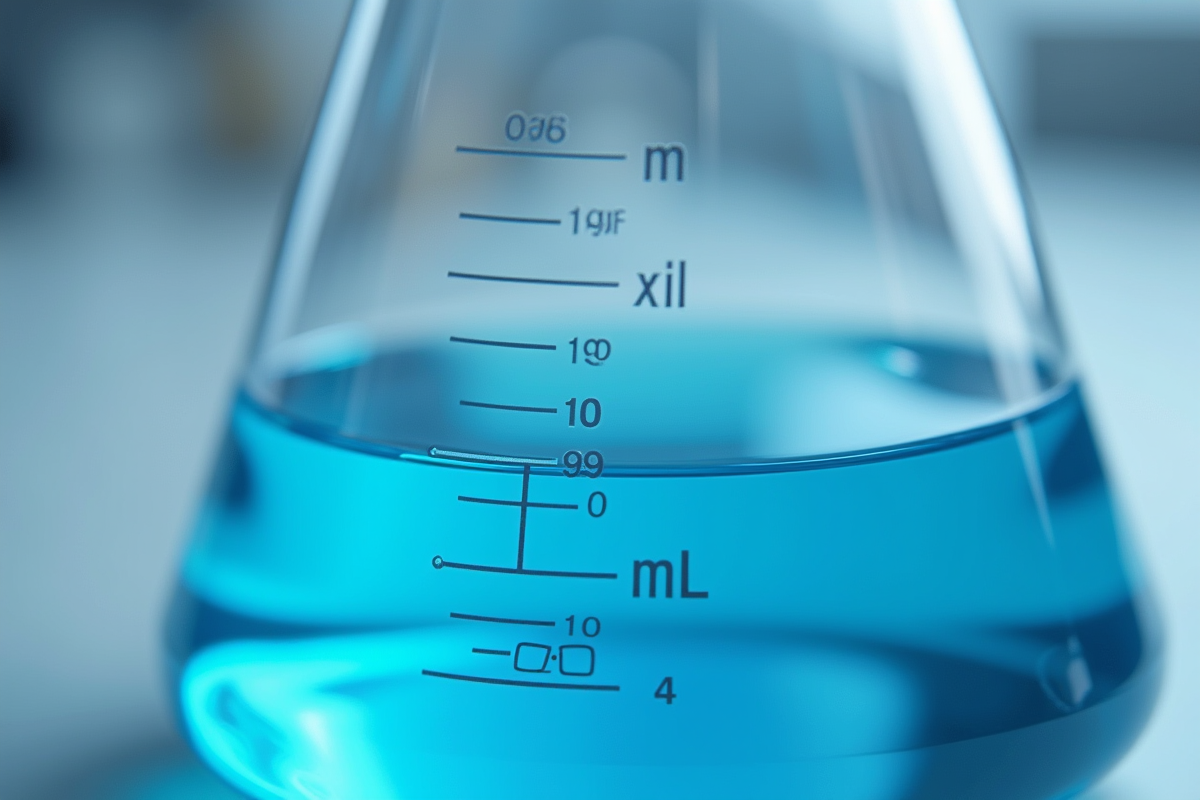 Becher de laboratoire avec liquide bleu et marques de mesure