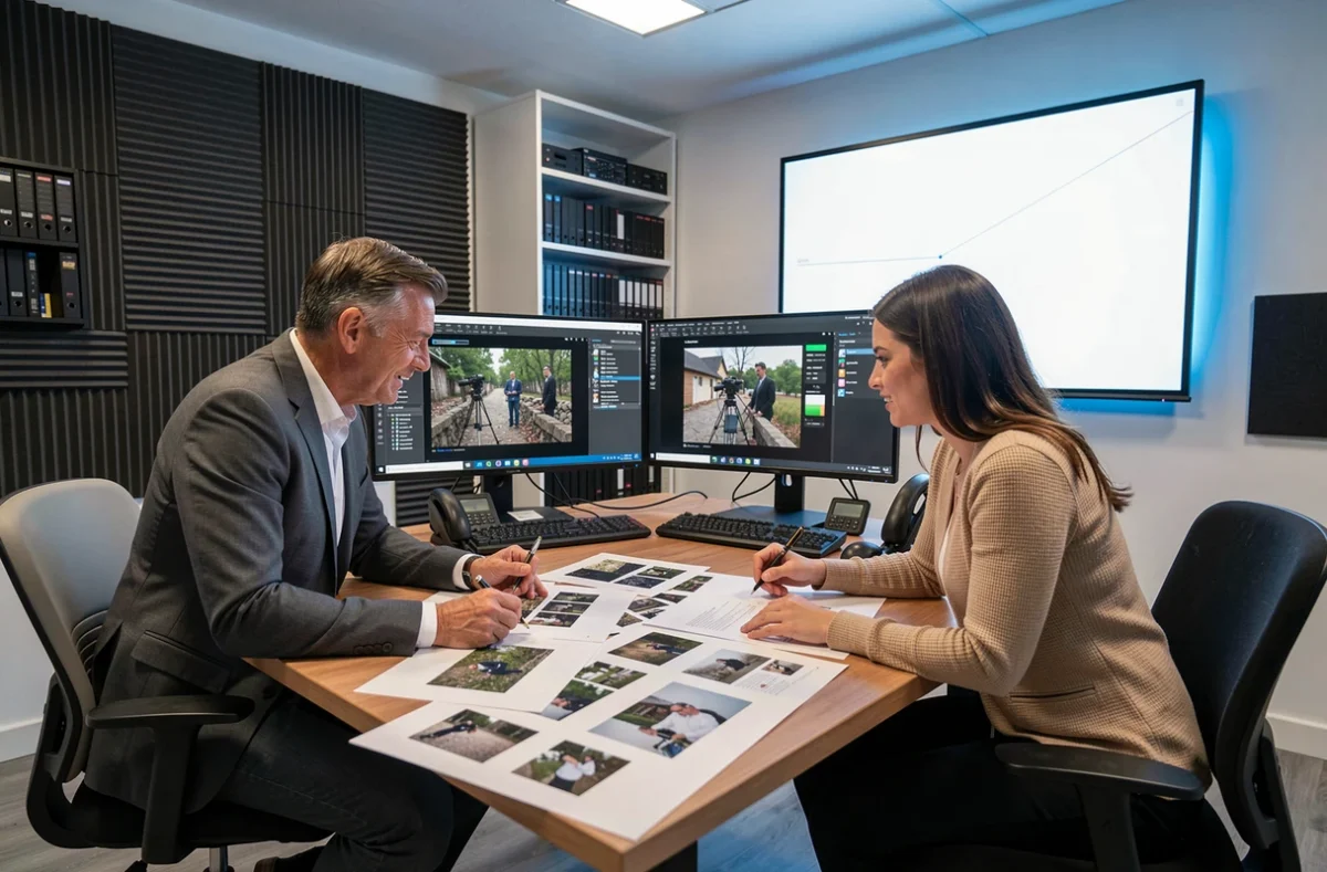 Équipe de Big Company studio de production documentaire en séance de travail dans une salle de post-production professionnelle