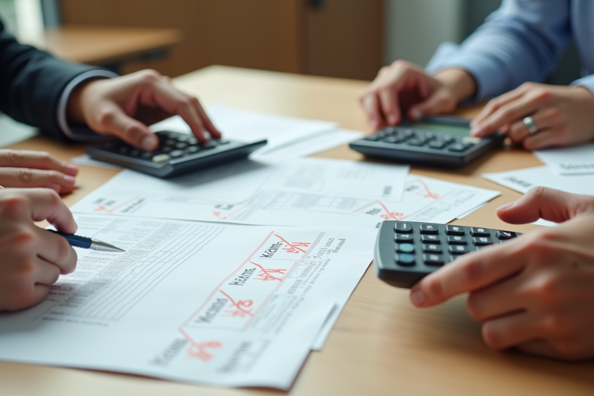 Gros plan sur mains avec relevés et calculatrices en contexte financier