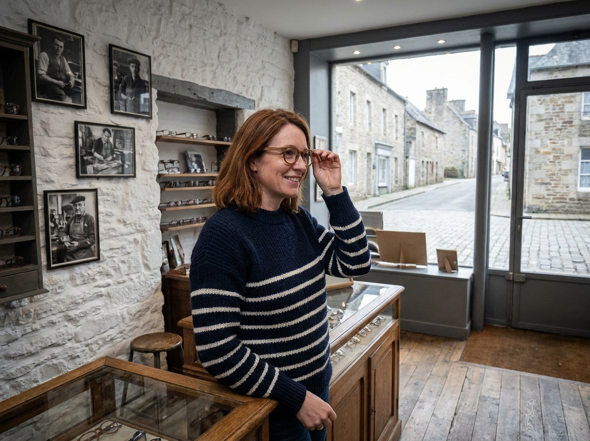 Femme choisissant des lunettes artisanales dans une boutique d'optique indépendante en Bretagne