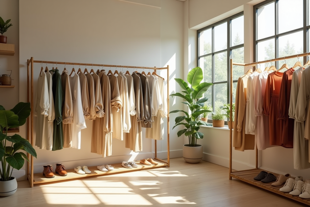 Boutique minimaliste avec vetements eco-responsables et plantes vertes