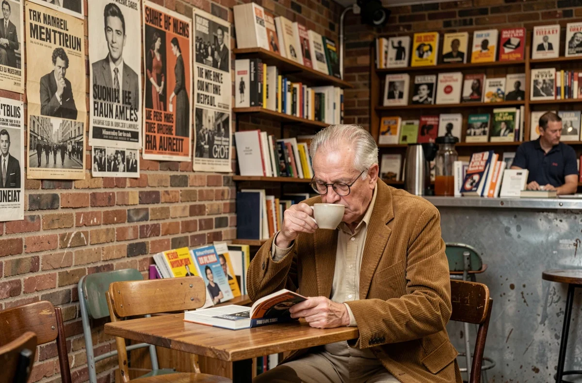 Client lisant un livre dans le café librairie engagée Michèle Firk à Montreuil, entouré d'affiches militantes