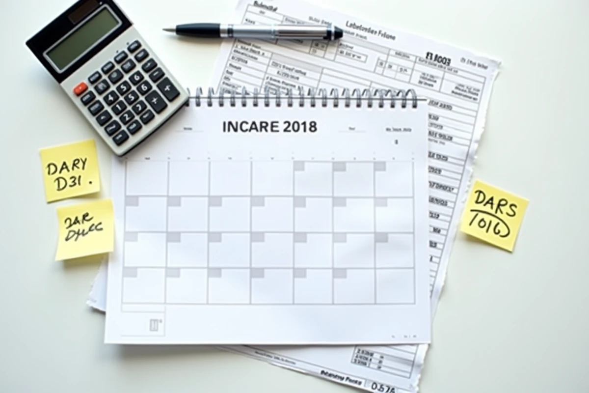 Vue aérienne d'un bureau avec un calendrier annuel, une calculatrice et une facture d'abonnement pour calculer les jours et le prorata