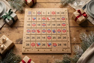Calendrier de l'avent FDJ 2026 posé sur une table en bois entouré de cadeaux et de branches de sapin