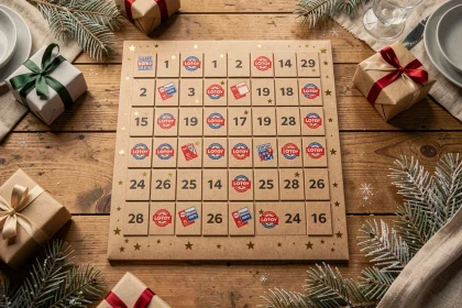 Calendrier de l'avent FDJ 2026 posé sur une table en bois entouré de cadeaux et de branches de sapin