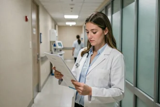 Médecin résidente en blouse blanche parcourant un dossier médical dans un couloir d'hôpital moderne, illustrant la relation professionnelle entre Cameron et House dans la série