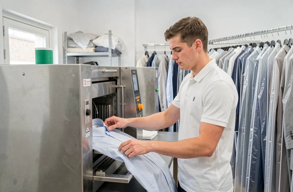 Employé de Cap Pressing à Melun utilisant une machine à repasser professionnelle à vapeur
