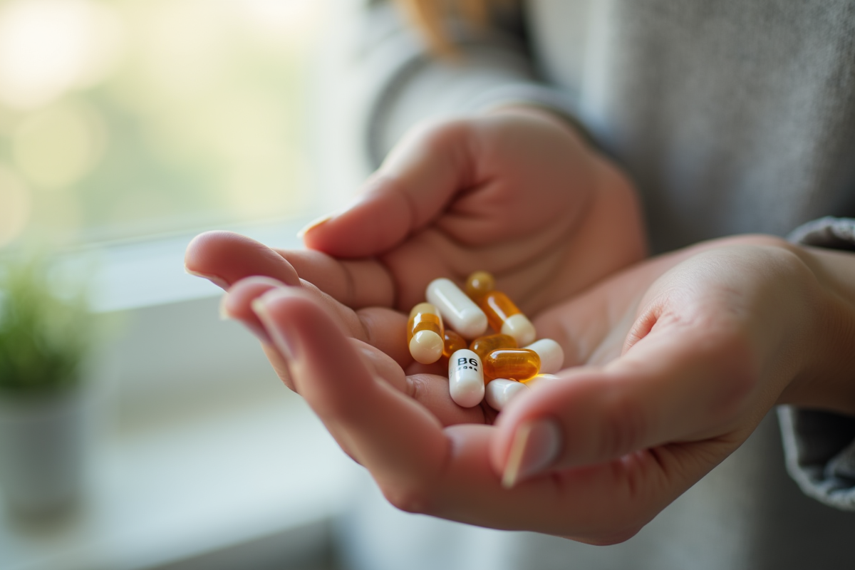 Mains tenant une capsule de vitamine B6 en lumière naturelle