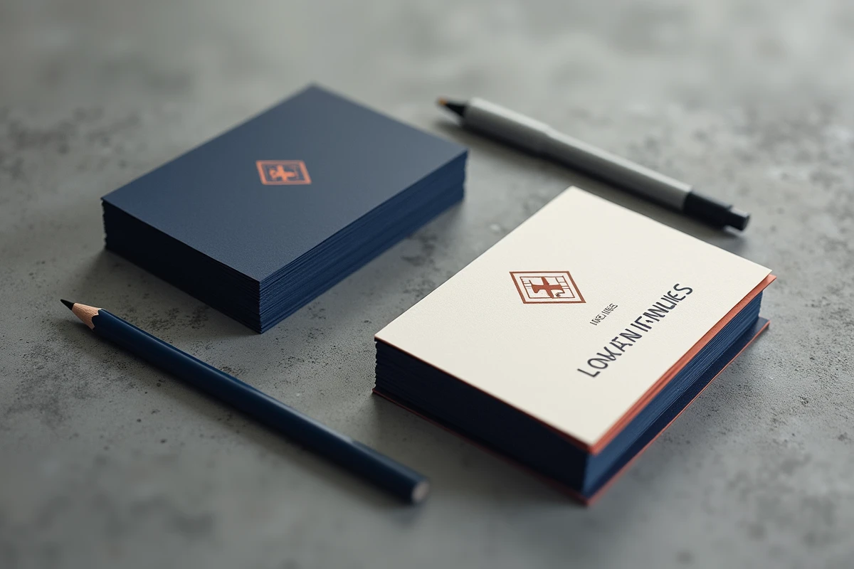 Carte de visite et brochure avec typographie de marque moderne posées sur béton texturé