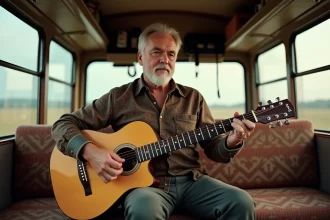 Chanteur homme dans bus vintage jouant guitare acoustique