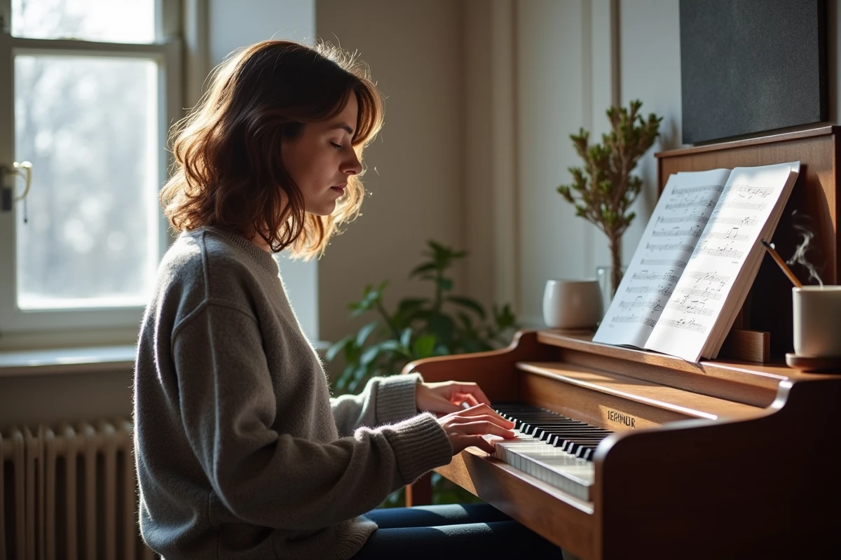 Chanteuse canadienne composant au piano dans un studio maison à Toronto, entourée de partitions, dans une atmosphère créative et intime