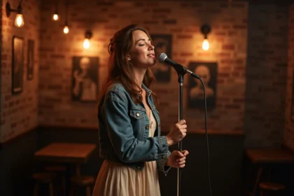 Chanteuse canadienne en performance sur une petite scène locale à Montréal, tenant un micro les yeux fermés dans une atmosphère authentique de bar