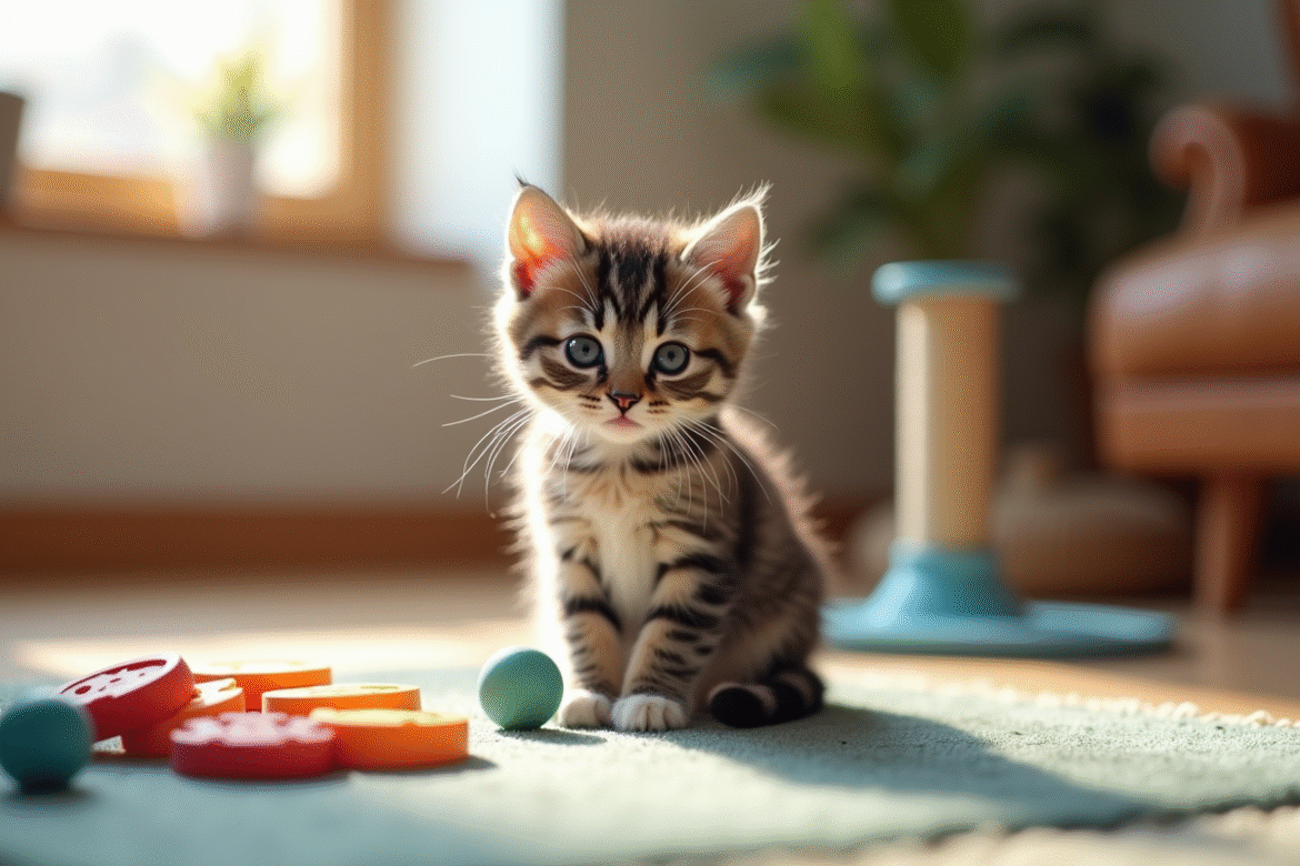 Chaton British Shorthair assis attentivement dans un salon