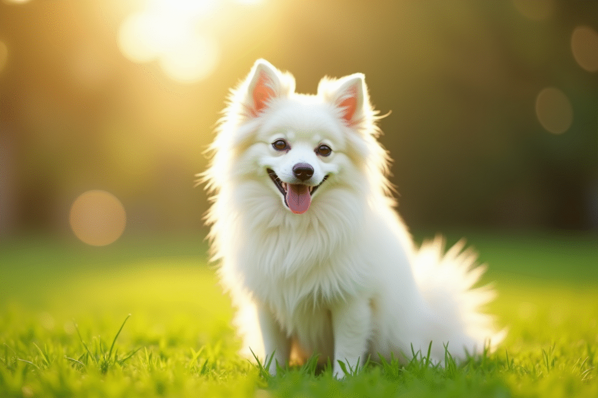 Spitz japonais assis sur l'herbe en plein soleil