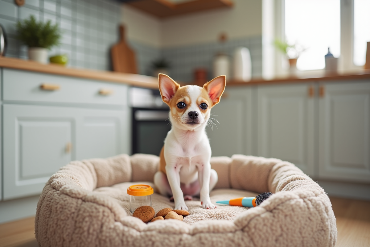 Petit chiot chihuahua assis sur un lit douillet avec accessoires de toilettage et friandises