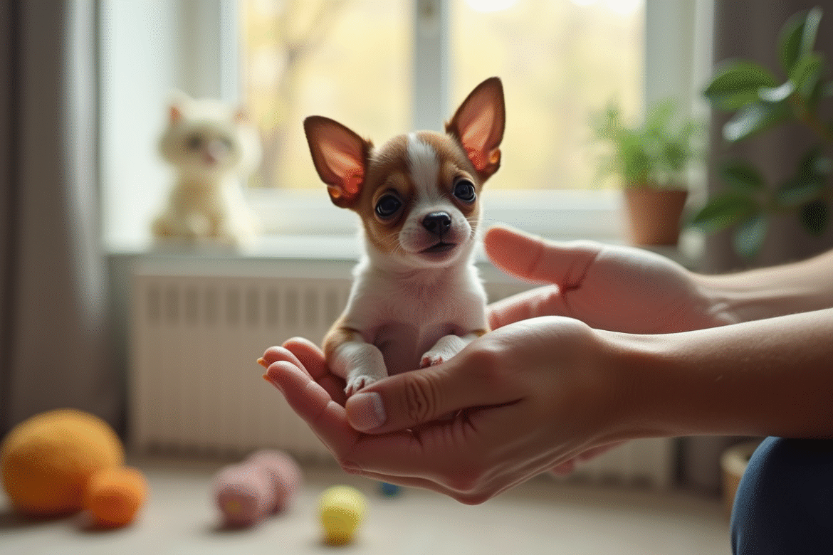 Jeune chiot chihuahua tenu dans les mains d'une personne souriante dans un salon lumineux