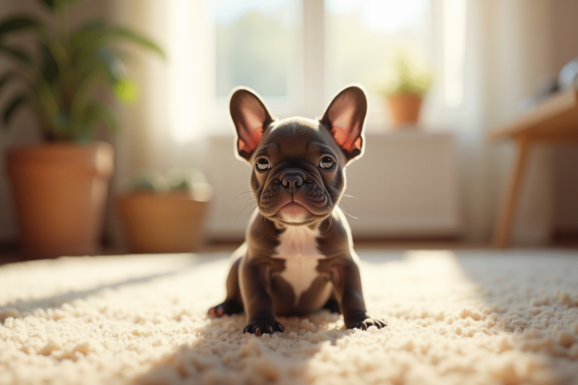 Chiot bulldog français assis sur un tapis beige lumineux