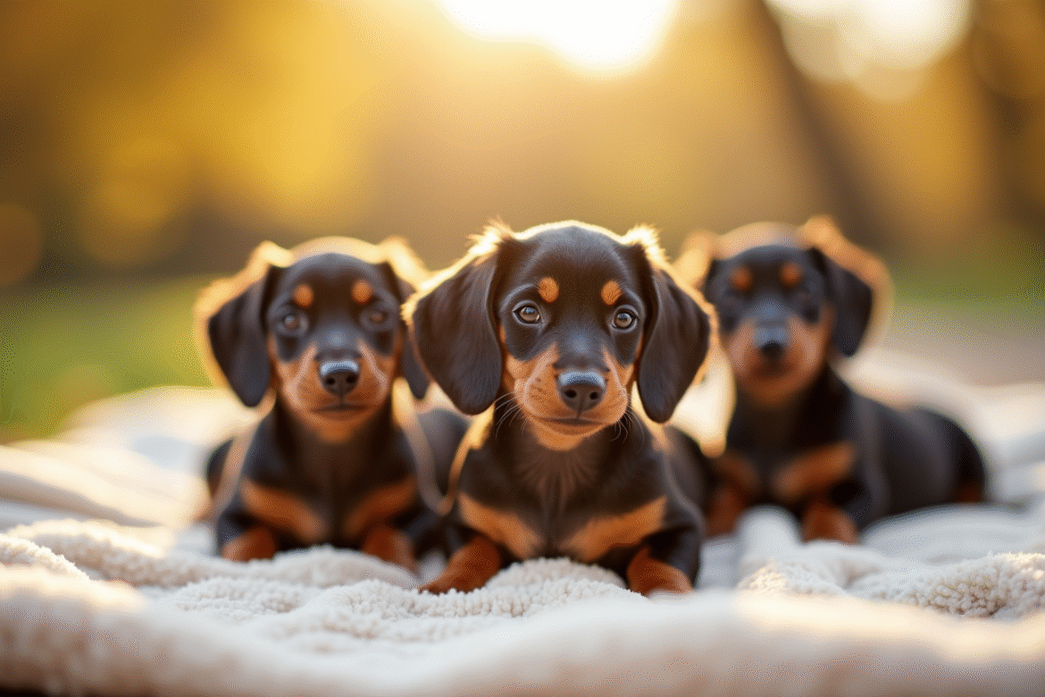 Groupe de chiots teckel jouant sur une couverture douce