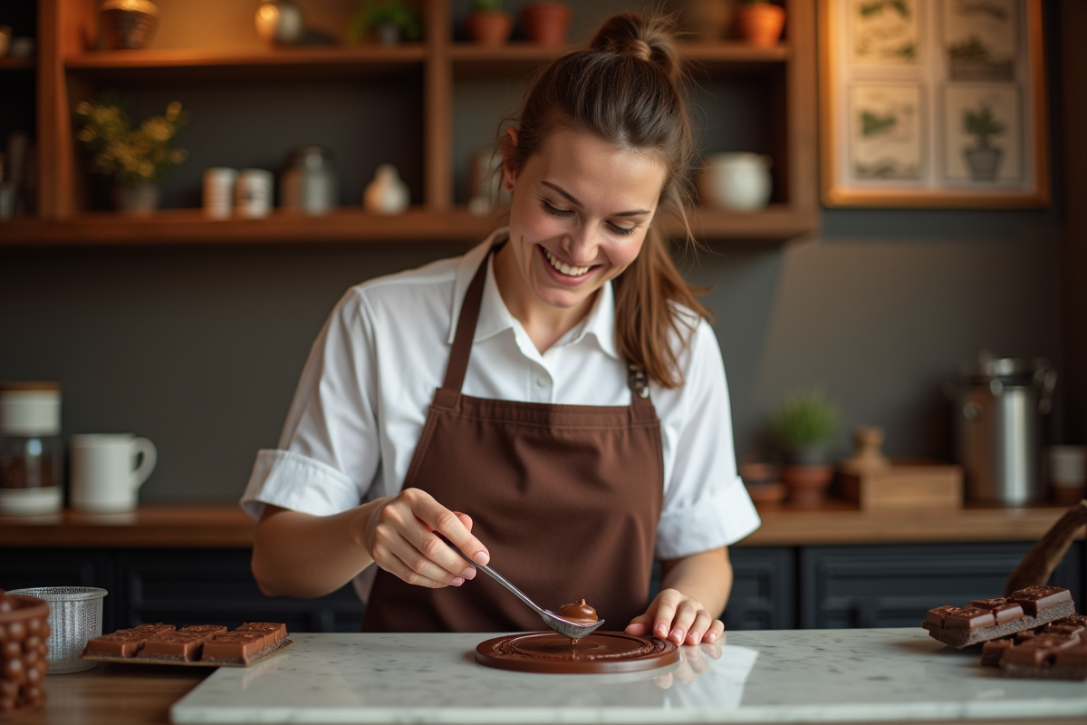 Jeune femme chocolatier en train de temperer du chocolat